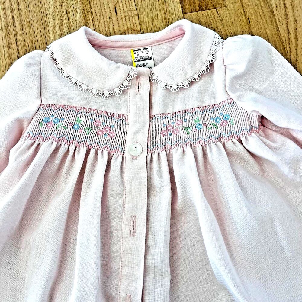 Fine vtg 90s smocked dress coat floral embroidery baby toddler 12 months - Picture 2 of 8